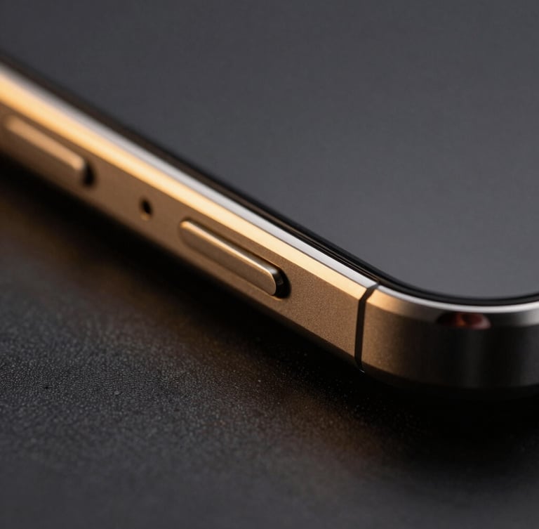 Macro close-up of a dark titanium smartphone edge, warm gold studio rim-light reflecting off polished metal, razor-sharp focus, dark editorial product photography, 85mm