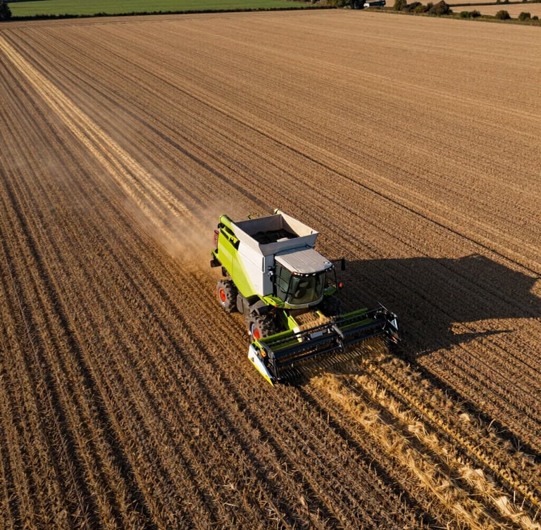 A wide-angle, portrait-oriented drone shot of a massive Oxfordshire arable field during early autumn harvest. A modern GPS-guided combine harvester is actively operating, leaving clean straw lines on the rich loam soil. Low, directional morning light casts long shadows across the landscape.