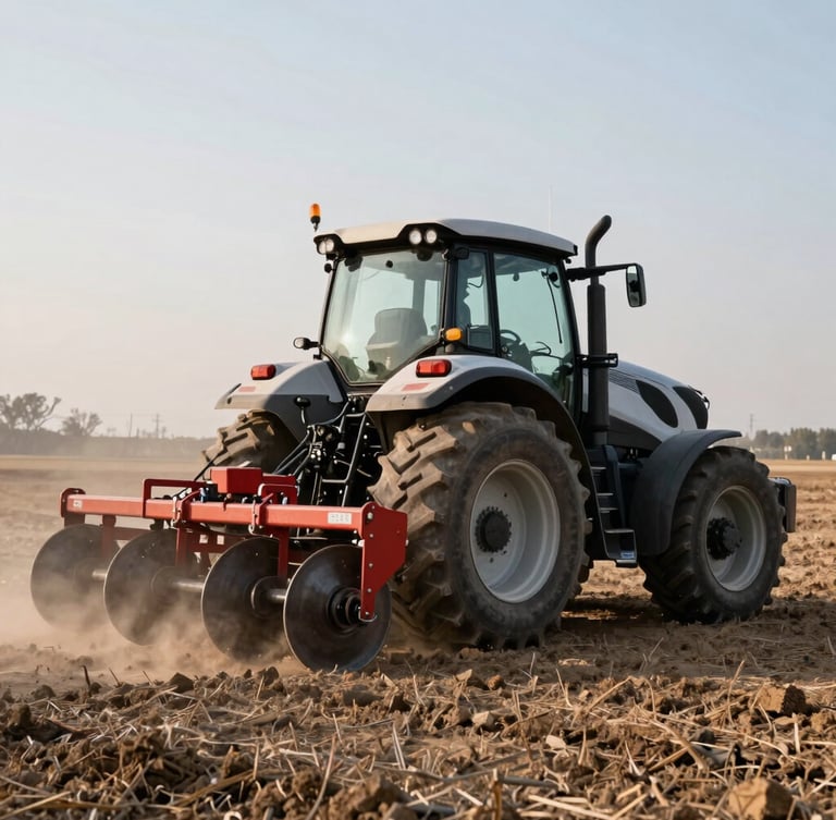 Side-profile portrait of a modern high-horsepower tractor operating a heavy disc cultivator through dry soil, dust rising behind the machine, early morning low light