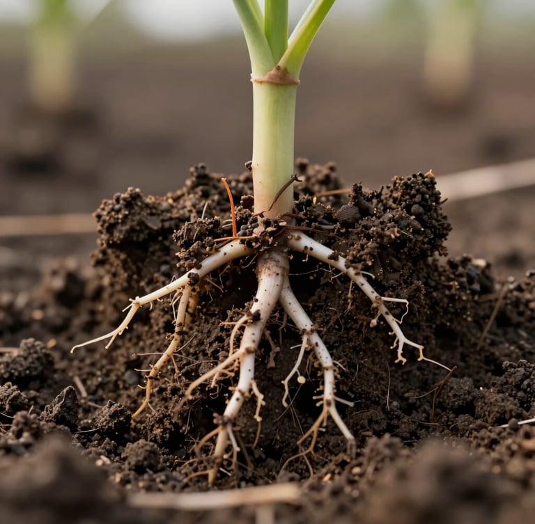 Macro close-up of winter cover crop roots stabilizing dark loam soil structure, early morning directional light, shallow depth of field.