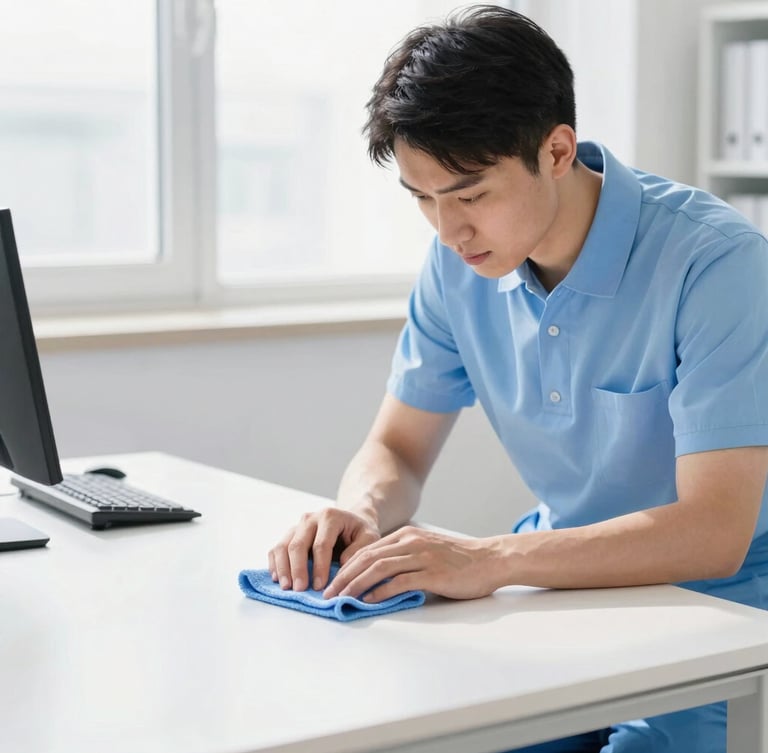 Professional cleaning crew member in uniform, carefully inspecting a freshly cleaned office desk with a microfiber cloth, bright natural light, crisp white and soft blue tones, sharp focus, 35mm lens.
