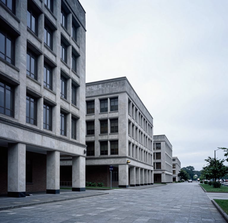 Wide panoramic shot of mid-century civic architecture, clean lines, overcast daylight, cool slate tones, generous negative space on the right