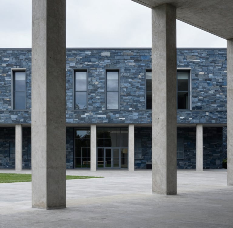 Wide architectural shot of a modern civic building with clean concrete pillars, soft overcast daylight, cool slate tones, 35mm lens
