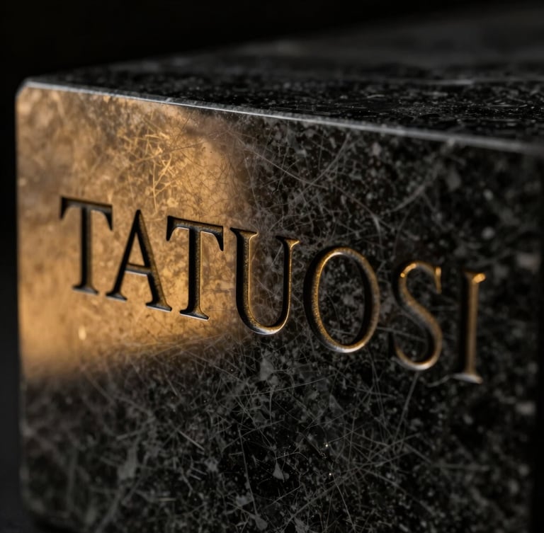 Macro close-up of a dark obsidian marble block with the name 'TATUOSI' cleanly engraved in a sharp serif typeface. Dramatic low-key studio lighting with deep shadows and sharp gold highlights reflecting off the engraving.