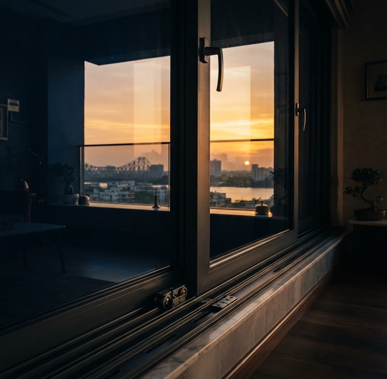 Sleek architectural aluminium sliding window tracks in a luxury Kolkata apartment, dramatic golden-hour light reflecting on flawless double-glazed glass, deep navy shadows, sharp focus, 35mm lens