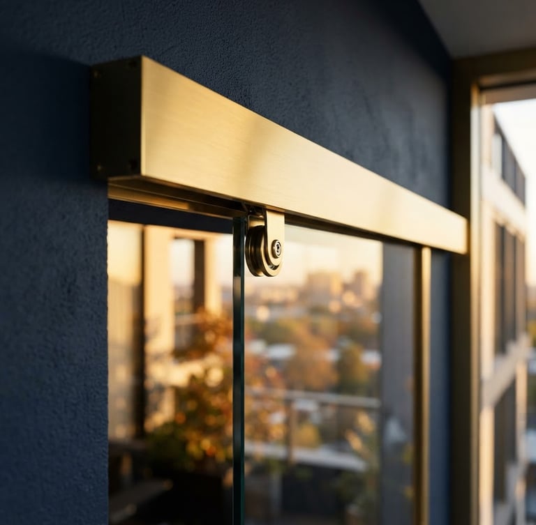 Close-up of sleek gold-anodized aluminium track with flawless glass reflections, dramatic golden-hour window light, sharp focus, luxury architectural photography