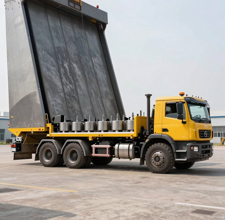 Industrial field photography of a heavy-duty service truck rigged with steel test weights parked beside a massive truck scale in an open industrial yard, high contrast daylight