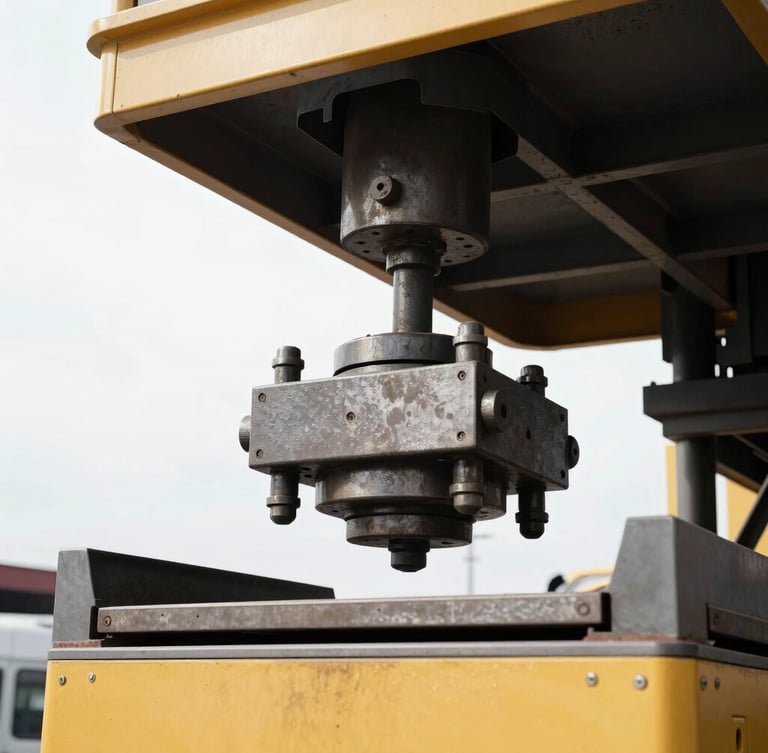 Close-up of a heavy steel load cell beneath a massive truck scale platform, bright daylight, high-contrast mechanical details