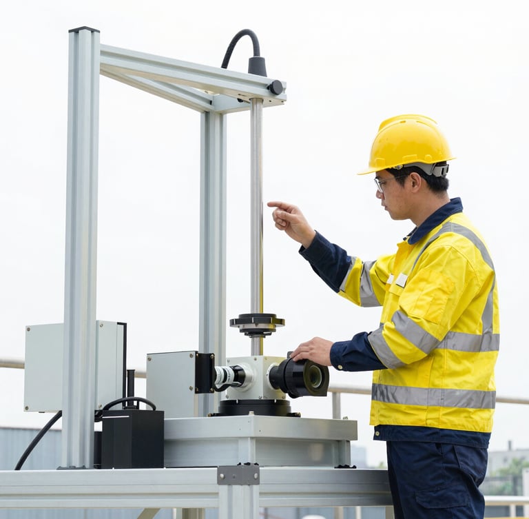 A certified technician in safety gear inspecting a mechanical load cell assembly under a platform scale, bright daylight, high contrast, industrial field photography