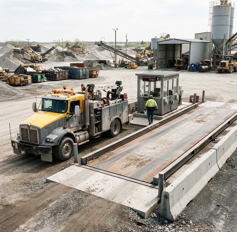 A heavy-duty service truck parked next to a massive concrete truck scale in an industrial yard, bright daylight, high-contrast steel tones