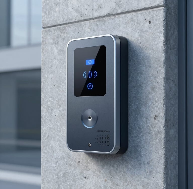 Sleek technical photography of high-end biometric access control terminal integrated into a concrete wall of a modern corporate building, cool lighting, sharp focus