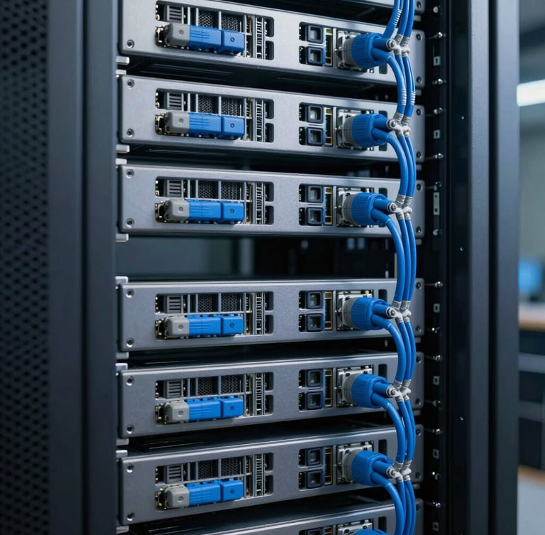Sleek technical photography of server racks with immaculate blue and gray cabling, sharp focus on hardware, cool commercial lighting, 35mm