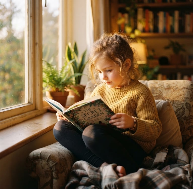 A warm editorial photograph of a young child reading a book under soft golden-hour window light, rich gentle tones, shallow depth of field, 35mm