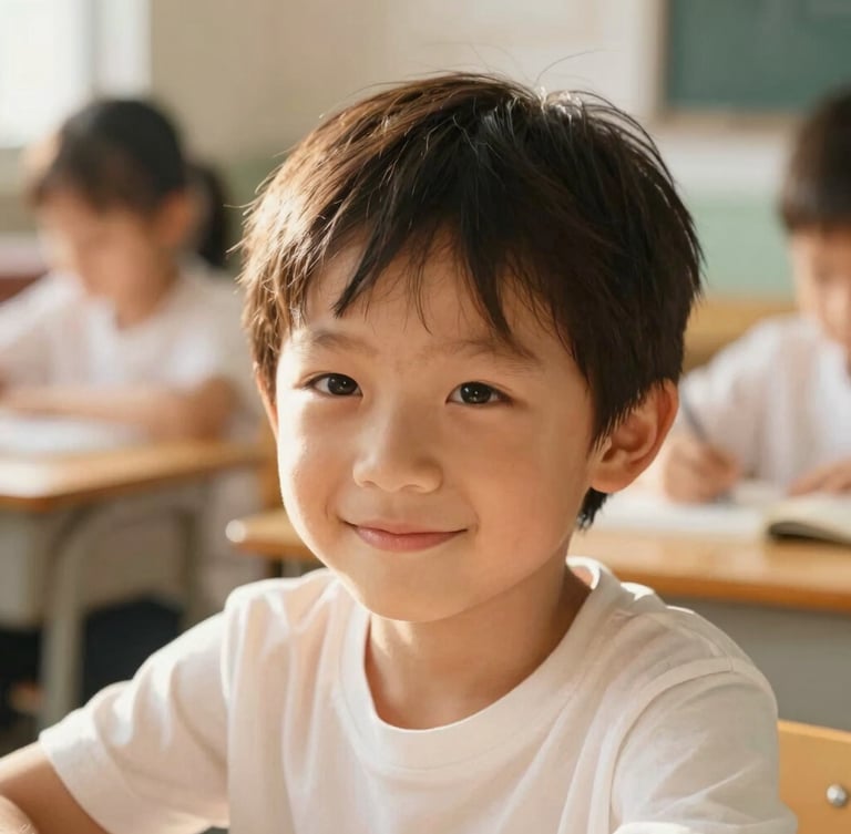 Warm editorial photography of a young child smiling softly in a sunlit classroom, soft natural golden-hour light, rich gentle tones, shallow depth of field, 35mm