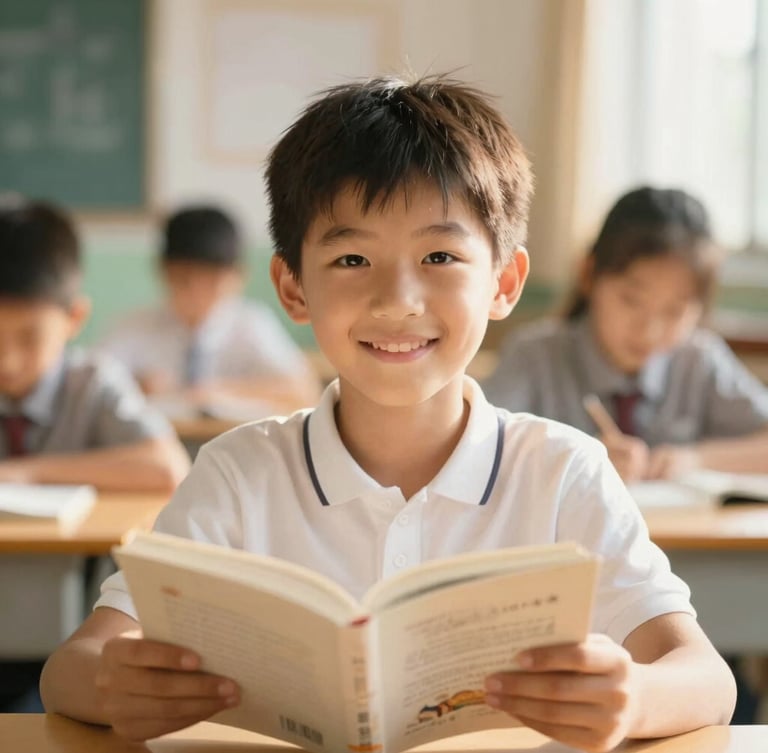 Warm editorial portrait of a young boy smiling in a sunlit classroom, holding a book, soft focus background, shallow depth of field, 35mm