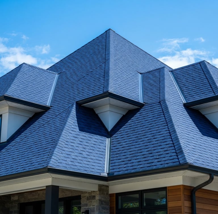 Low-angle architectural shot of a modern residential roof with immaculate dark blue shingles, sharp precision alignment, bright direct daylight highlighting texture.