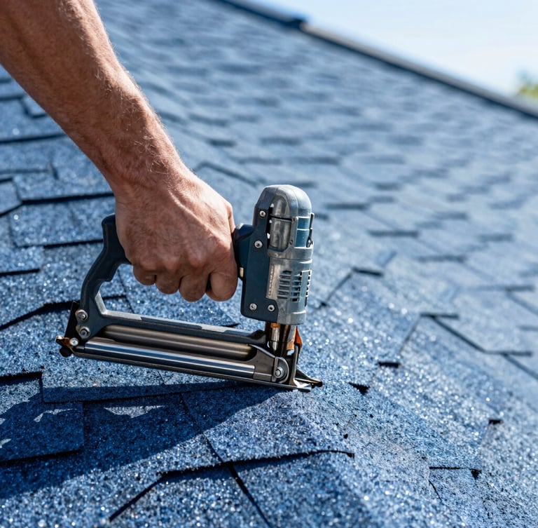 Close-up macro shot of a worker using a nail gun to install architectural shingles on a residential roof, bright direct daylight, high-contrast blue tones, 35mm