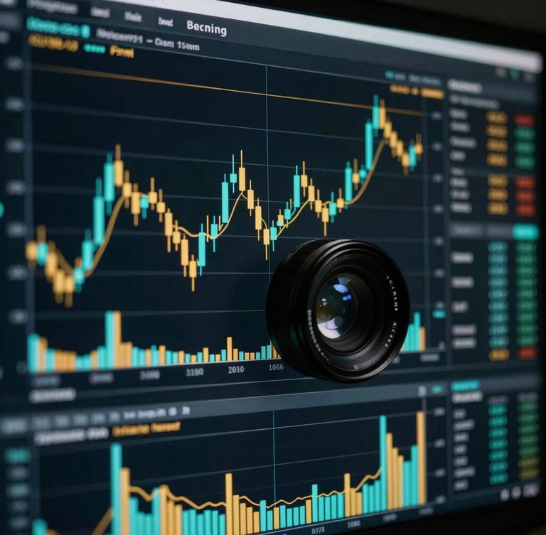 High-contrast digital terminal screen showing cyan and gold candlestick charts, dark-themed macro technical analysis interface, 35mm lens