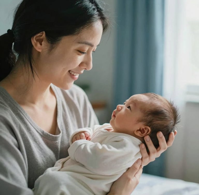 A warm, softly lit room with a mother smiling gently at her newborn baby wrapped in a soft blanket, a caregiver's hands supportive, 35mm photography