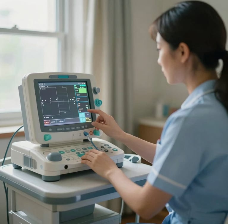 A certified nurse adjusting a modern clinical ventilator screen under soft window light in a clean, quiet home bedroom, shallow depth of field, 35mm