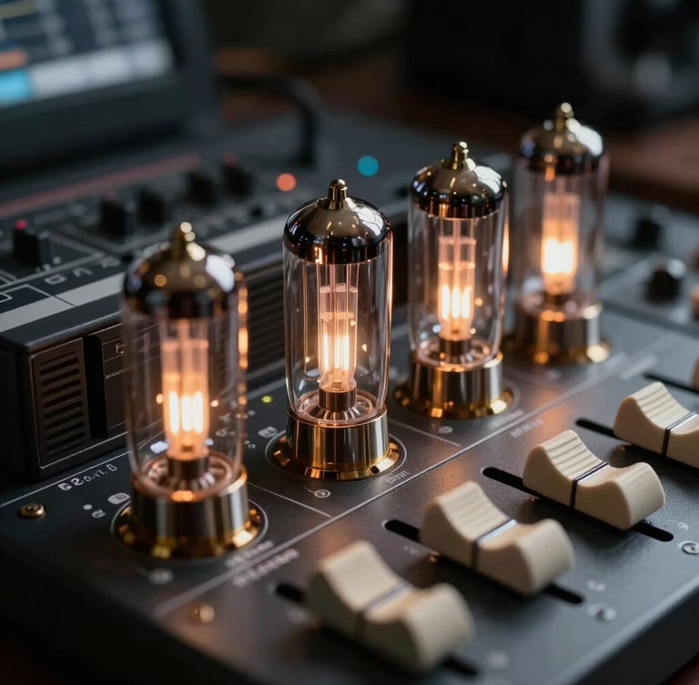 Extreme close-up of premium studio hardware, glowing vacuum tubes, and gold-accented faders in a dark control room