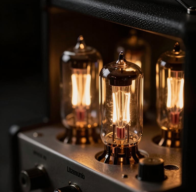 Extreme close-up macro shot of glowing vacuum tubes inside a dark vintage amplifier, warm gold backlights, sharp chiaroscuro, pure black negative space on the left.