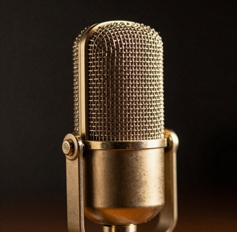 Dramatic close-up of a gold-plated vintage condenser microphone capsule in a dark studio setting, catching warm backlighting on its metallic mesh.