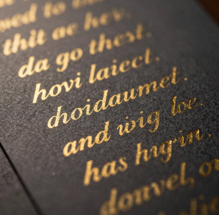 Extreme close-up macro shot of a handwritten lyric sheet on heavy, textured charcoal paper, gold ink calligraphy catching low-key dramatic light with warm gold backlights.
