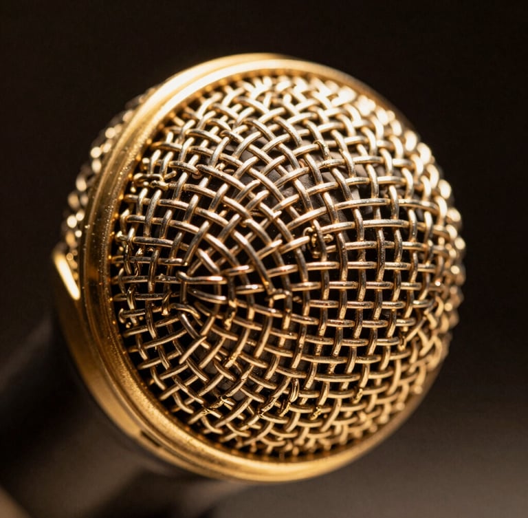 Extreme close-up macro shot of a gold-plated microphone capsule, warm backlighting, dark obsidian background, sharp focus on the metallic mesh.