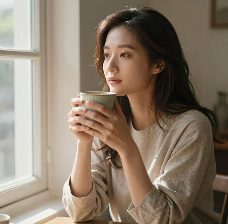 Candid medium shot of a woman in her thirties sitting by a sunlit window, holding a warm ceramic mug with both hands, soft diffused morning light, relaxed posture.