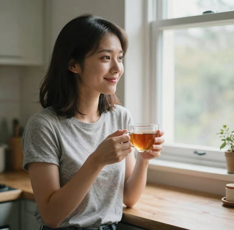 Candid environmental portrait of Bren sitting in a cozy kitchen, smiling softly, holding a warm cup of tea, looking towards a sunny window, natural diffused light