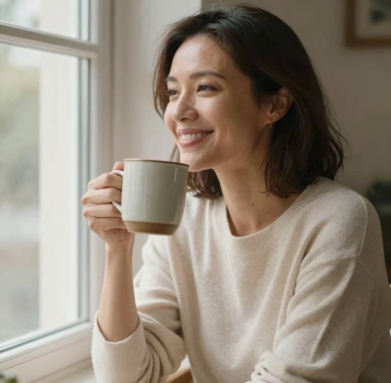 Candid medium shot of Bren, a warm and welcoming woman in her thirties, sitting by a bright window with a ceramic mug, soft natural morning light, warm cream tones, unposed and authentic.