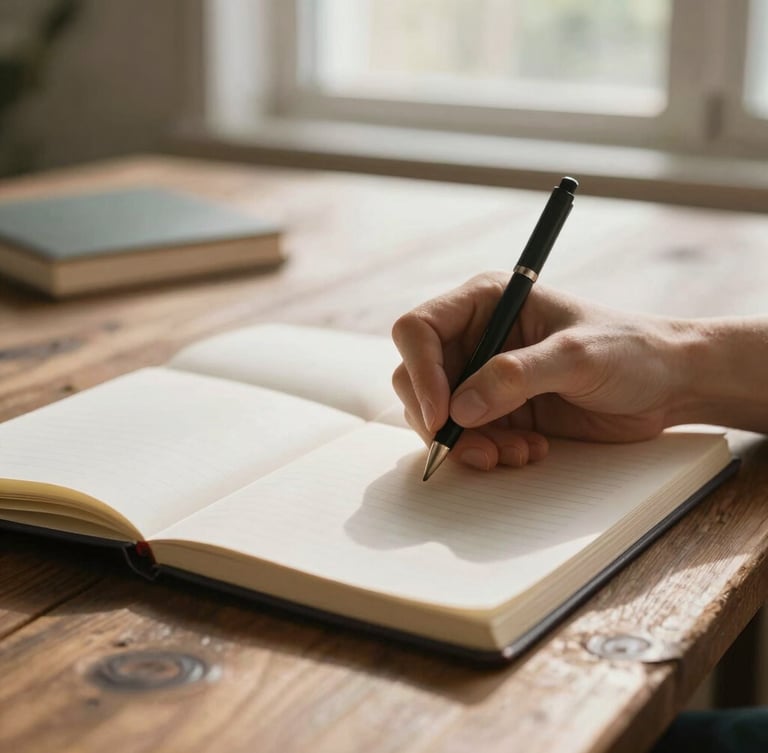 Close-up of hands writing gently in an open notebook on a rustic wooden table, soft morning light filtering through a window, warm and calm atmosphere.