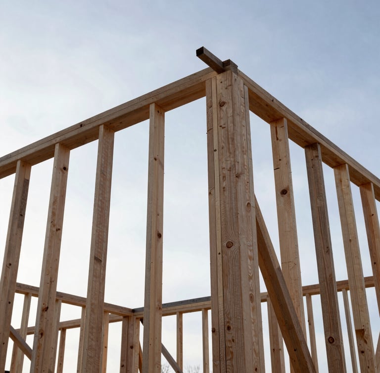 Low-angle heroic shot of a newly constructed timber frame against a stark winter sky, sharp details, gritty industrial photography