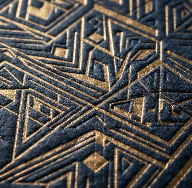 Macro studio photography of embossed gold foil stationery on heavy navy paper stock, sharp geometric side-lighting, tactile textures
