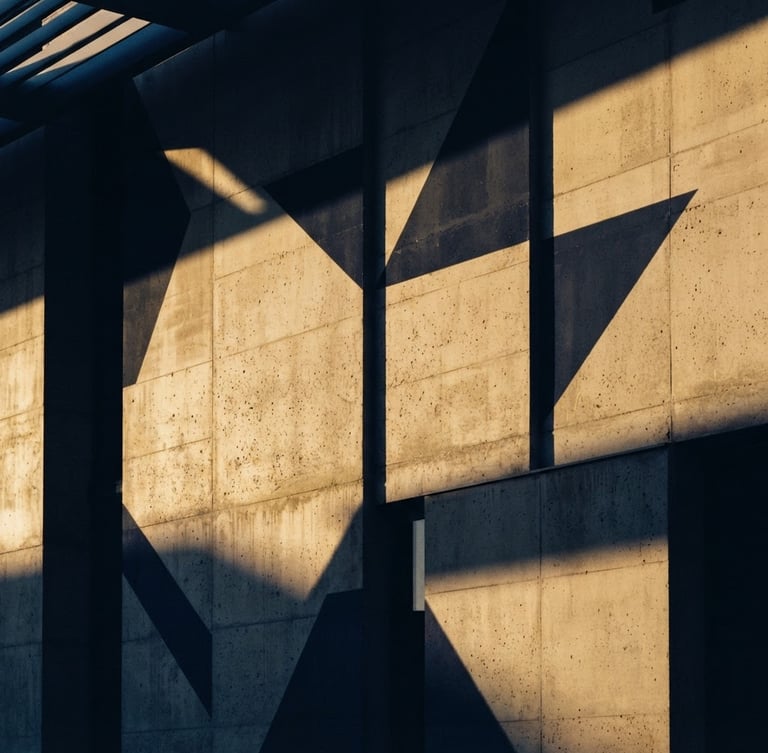 Minimalist architectural concrete facade with sharp geometric shadows cast by warm golden-hour sunlight, 35mm lens, high-contrast, deep navy tones