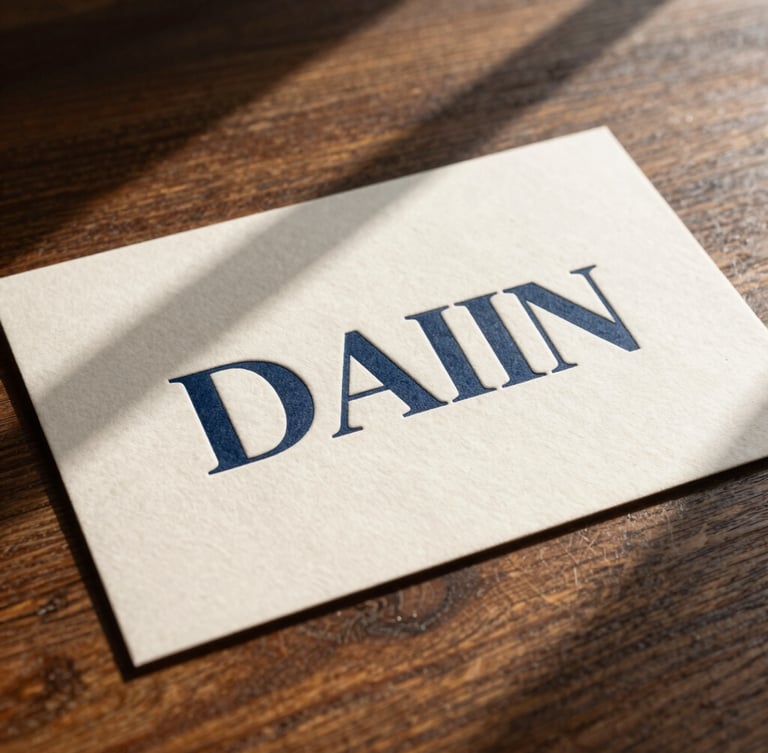 Tactile physical brand collateral, embossed cream paper with deep navy letterpress typography, sitting on a dark oak wood table with sharp diagonal window shadows