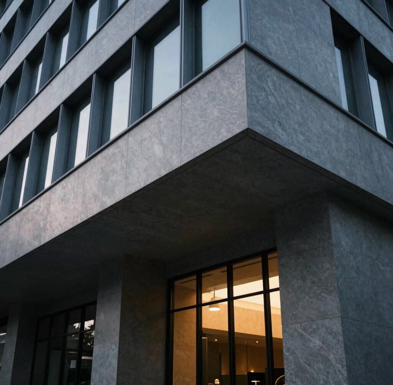 Modern corporate architecture with sharp angles, deep shadows, and cool tones with a warm interior light accent.