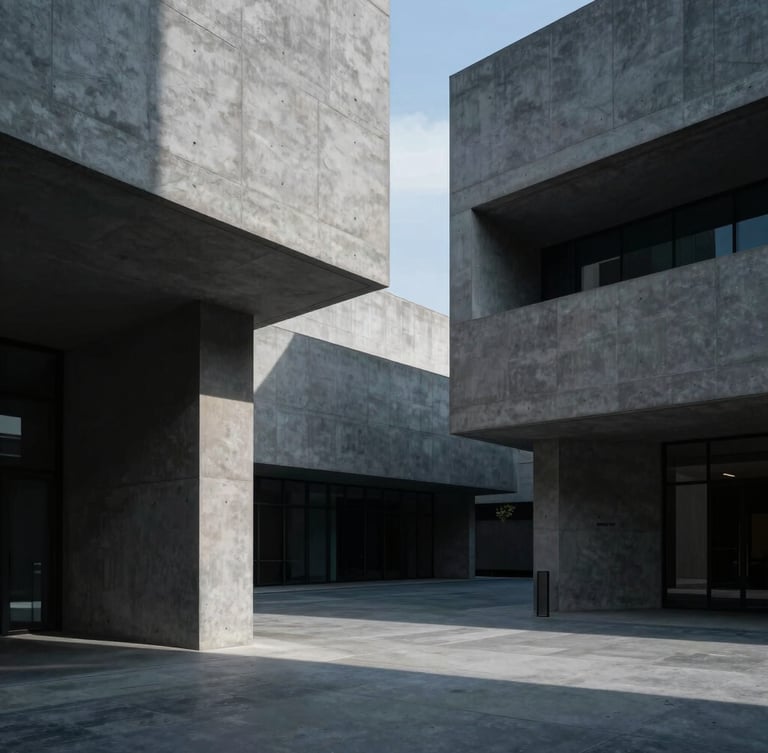 Wide architectural shot of modern corporate concrete structures with sharp angles and deep shadows, low-key cool lighting.