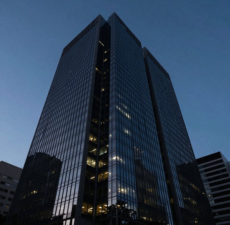 Wide architectural shot of a modern corporate skyscraper facade in São Paulo, sharp geometric glass angles reflecting a deep blue twilight sky, dramatic high-contrast shadows, low-key cool tones with subtle warm office lights glowing from within.