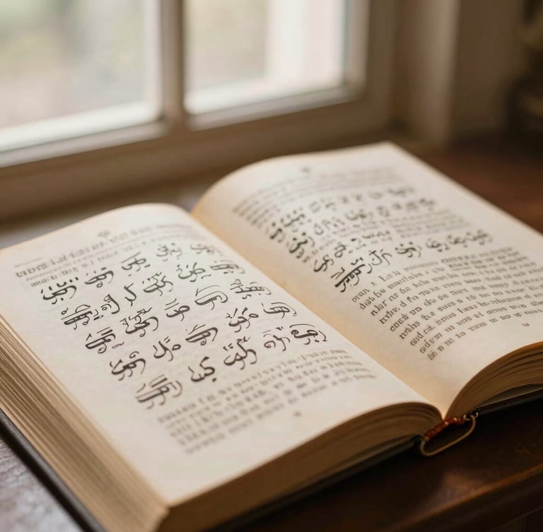 An open historical manuscript of Gurbani with handwritten annotations, captured in warm, soft-focus natural light