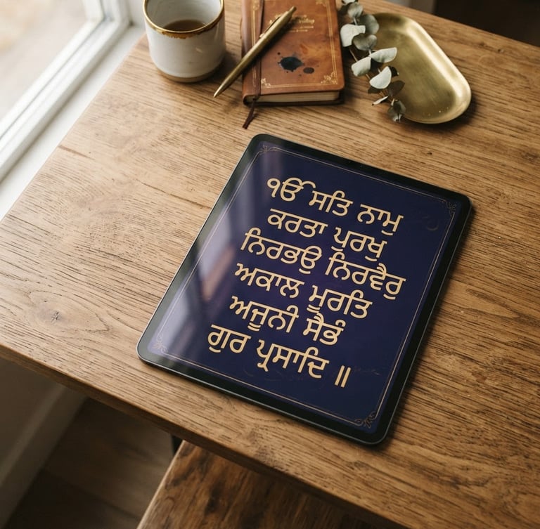 A modern tablet mockup displaying elegant Gurmukhi typography, soft golden light reflecting off the screen, minimalist flat-lay on a clean wooden desk, warm editorial photography