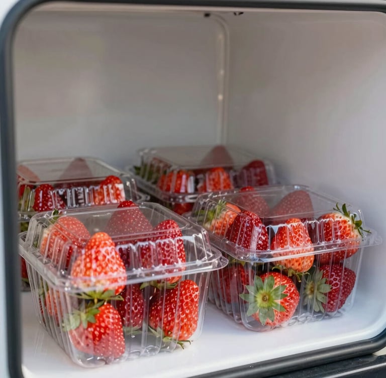 Secure cold-chain packaging inside a clean refrigerated transport truck, soft studio light highlighting the glossy texture of fresh strawberries in clear clamshells