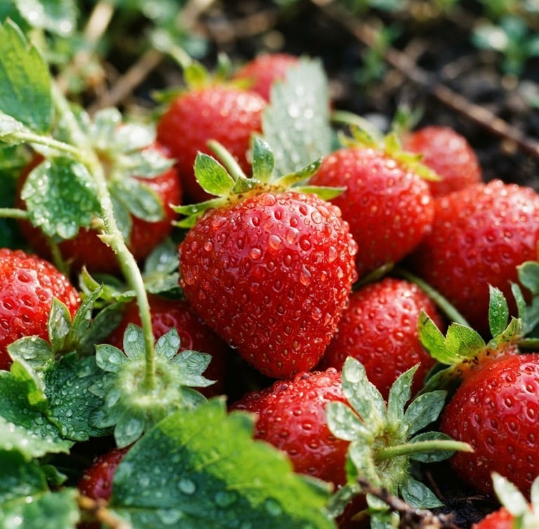 Macro close-up of freshly harvested strawberries with natural dew drops on glossy red skin, vibrant red tones, bright morning daylight, 35mm