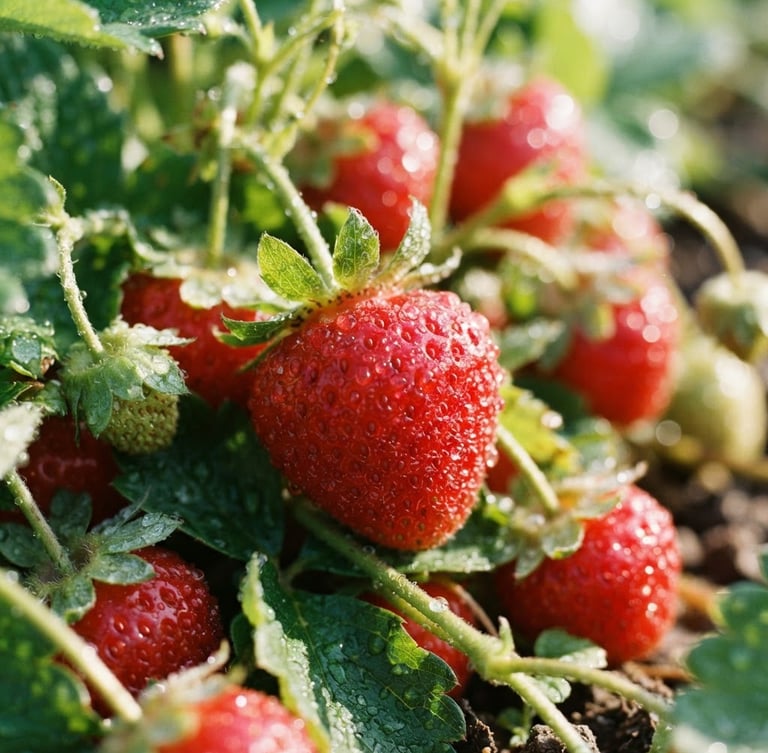 Macro close-up of freshly harvested strawberries with natural dew drops, bright morning daylight, vibrant red tones, 35mm