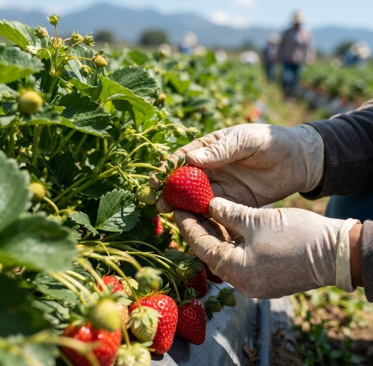 Hands in clean agricultural gloves inspecting vibrant red strawberries on the vine in a sunlit Mexican field, macro depth of field, crisp editorial photography