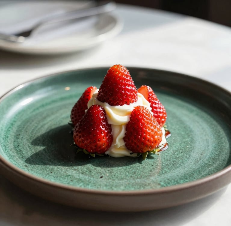 A gourmet dessert featuring glazed strawberries and cream on a dark ceramic plate, fine dining restaurant setting, soft dramatic side lighting, editorial food photography