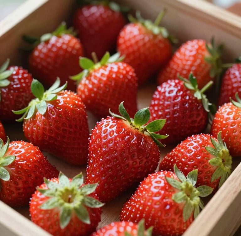 Close-up of freshly harvested strawberries with natural dew drops in a wooden crate, bright morning daylight, vibrant natural tones, 35mm editorial