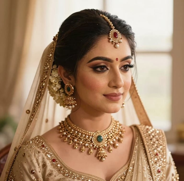 Close-up of an elegant Indian bride with intricate hair styling and subtle, glowing makeup, soft golden-hour light, shallow depth of field, editorial portrait.