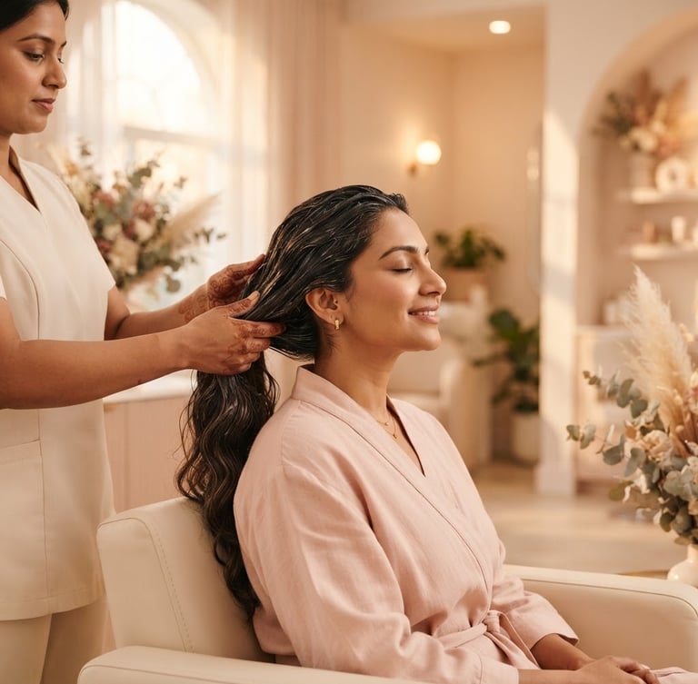 Elegant Indian woman receiving a luxurious hair spa treatment in a serene, beautifully lit salon, soft golden-hour window light, shallow depth of field, cream and blush tones.